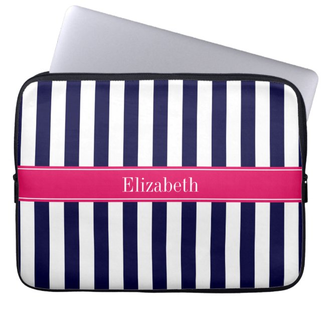 Navy Blue White Stripe Raspberry Name Monogram Laptop Sleeve (Voorkant)