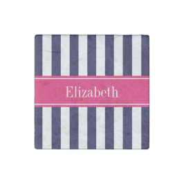 Navy Blue White Stripe Raspberry Name Monogram Stenen Magneet