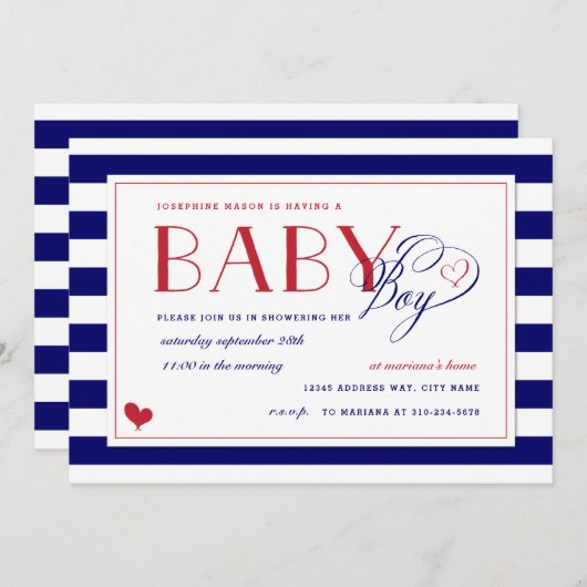 Navy Blue & White Stripe Red Baby shower Boy Kaart (Voorkant / Achterkant)