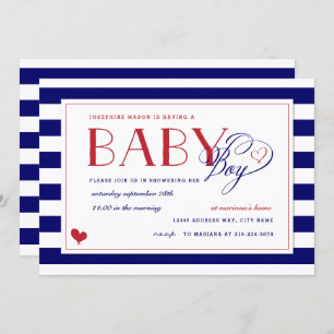 Navy Blue & White Stripe Red Baby shower Boy Kaart