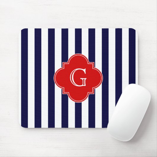 Navy Blue White Stripe Red Quatrefoil Monogram Muismat (Met muis)