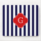 Navy Blue White Stripe Red Quatrefoil Monogram Muismat (Voorkant)