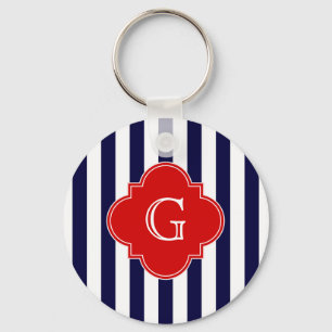 Navy Blue White Stripe Red Quatrefoil Monogram Sleutelhanger