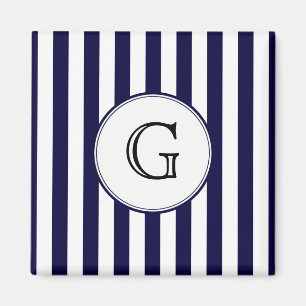 Navy Blue White Stripe Round Whologram Etiket Magneet