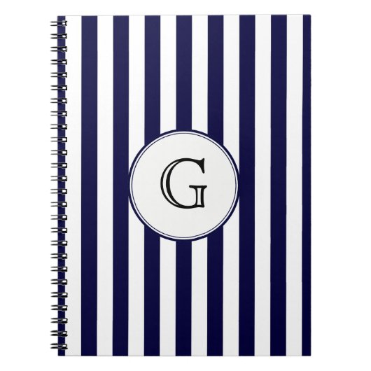 Navy Blue White Stripe Round Whologram Etiket Notitieboek (Voorkant)