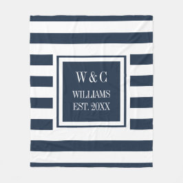 Navy Blue White Stripe Stylish Monogram Fleece Deken