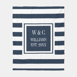 Navy Blue White Stripe Stylish Monogram Fleece Deken