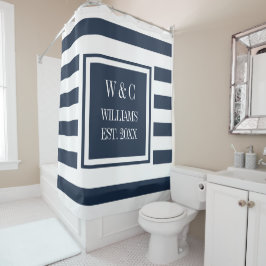 Navy Blue White Stripe Stylish Trendy Monogram Douchegordijn