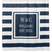 Navy Blue White Stripe Stylish Trendy Monogram Douchegordijn (Voorkant)