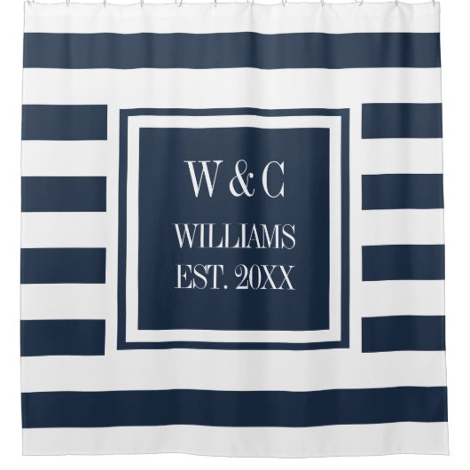 Navy Blue White Stripe Stylish Trendy Monogram Douchegordijn (Voorkant)