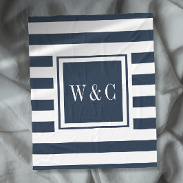 Navy Blue White Stripe Trendy Monogram Fleece Deken