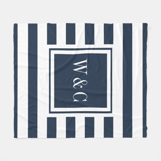 Navy Blue White Stripe Trendy Monogram Fleece Deken (Voorkant (Horizontaal))