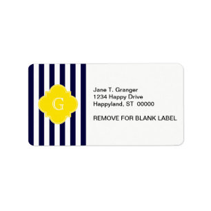 Navy Blue White Stripe Yellow Quatrefoil Monogram Etiket
