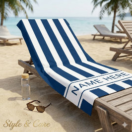 Navy Blue White Striped Beach Towel with Name Strandlaken