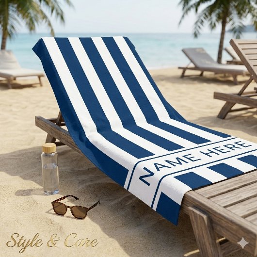 Navy Blue White Striped Beach Towel with Name Strandlaken