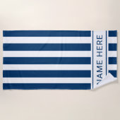 Navy Blue White Striped Beach Towel with Name Strandlaken (Voorkant)