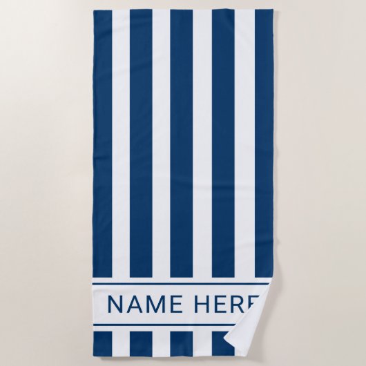 Navy Blue White Striped Beach Towel with Name Strandlaken (Voorkant)