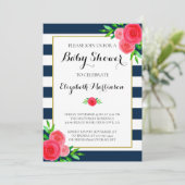 Navy Blue White Striped Coral Floral Baby shower Kaart (Staand voorkant)