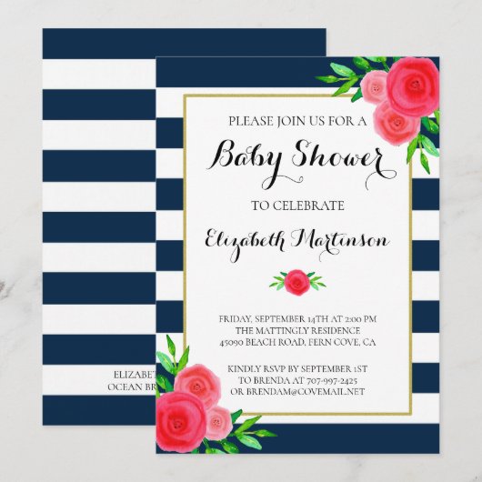 Navy Blue White Striped Coral Floral Baby shower Kaart (Voorkant / Achterkant)