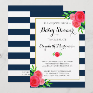 Navy Blue White Striped Coral Floral Baby shower Kaart