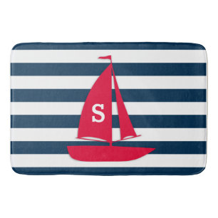Navy Blue White Striped Monogram Red Boat Nautical Badmat