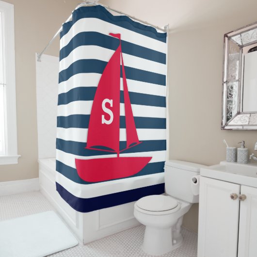Navy Blue White Striped Monogram Red Boat Nautical Douchegordijn (In situ)