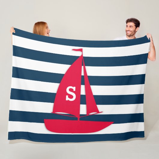 Navy Blue White Striped Monogram Red Boat Nautical Fleece Deken (In situ)
