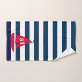 Navy Blue White Striped Monogram Red Boat Nautical Handdoek (Handdoek)