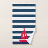 Navy Blue White Striped Monogram Red Boat Nautical Handdoek (Handdoek)