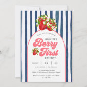 Navy Blue White Stripes Aardbei 1e verjaardag Kaart (Achterkant)