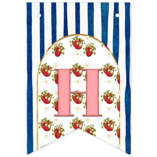 Navy Blue White Stripes Aardbei Happy Birthday Vlaggetjes (Tweede vlag)