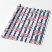 Navy Blue White Stripes Aardbei Verjaardag Cadeaupapier (Uitgerold)