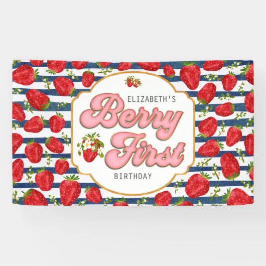 Navy Blue White Stripes Berry Eerste Verjaardag Spandoek (Horizontaal)