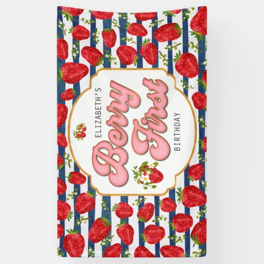 Navy Blue White Stripes Berry Eerste Verjaardag Spandoek (Verticaal)