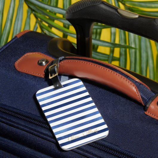 Navy Blue & White Stripes Coastal Nautical Design Bagagelabel (Voorkant Insitu 1)