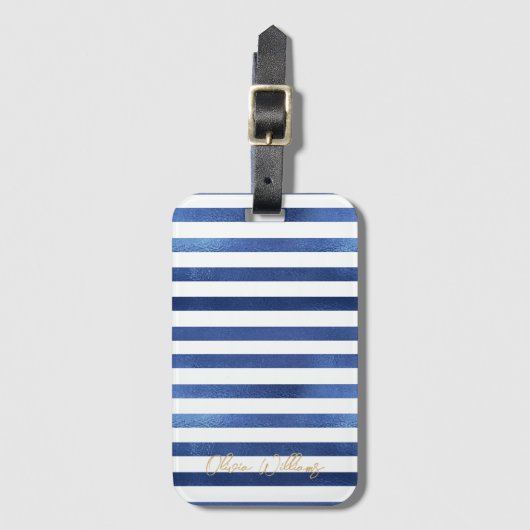 Navy Blue & White Stripes Coastal Nautical Design Bagagelabel (Voorkant (verticaal))