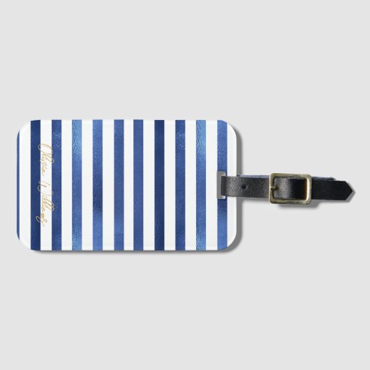 Navy Blue & White Stripes Coastal Nautical Design Bagagelabel (Voorkant (horizontaal))
