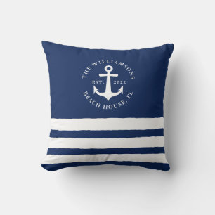 Navy Blue White Stripes Family Monogram Nautisch Kussen