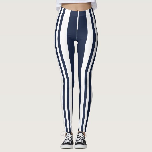 Navy Blue White Stripes Leggings (Voorkant)