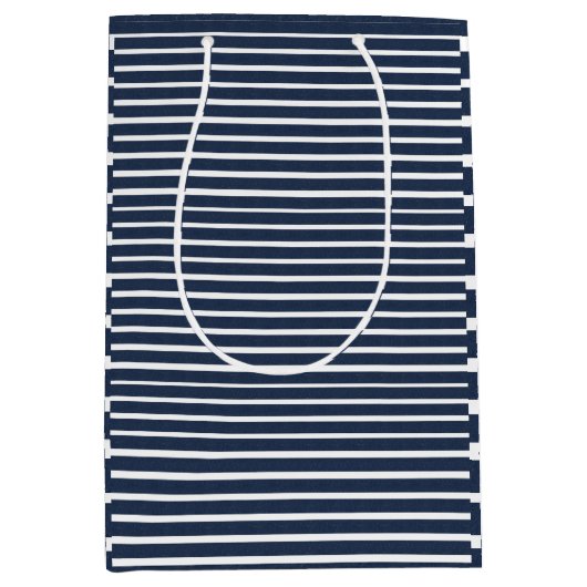 Navy Blue White Stripes Medium Cadeauzakje (Voorkant)