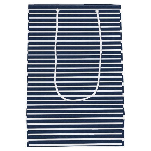 Navy Blue White Stripes Medium Cadeauzakje (Achterkant)
