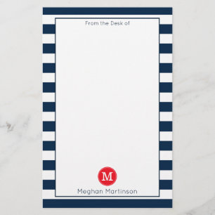 Navy Blue White Stripes Minimale Chic Red Monogram Briefpapier