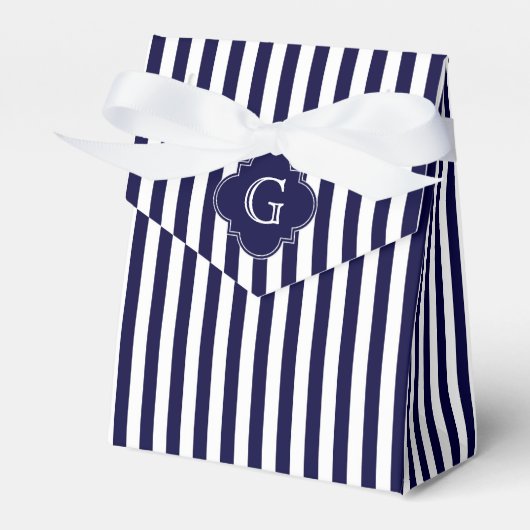 Navy Blue White Stripes, Navy Label Monogram Bedankdoosjes (Voorkant Zijde)