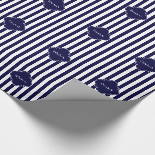 Navy Blue White Stripes, Navy Label Monogram Cadeaupapier (Hoek)
