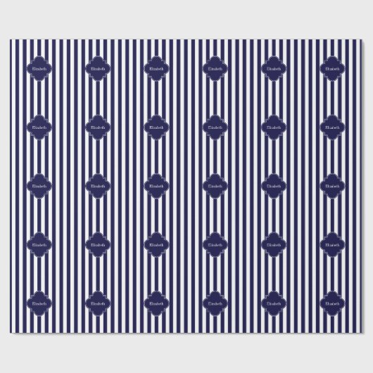 Navy Blue White Stripes, Navy Label Monogram Cadeaupapier (Vlak)