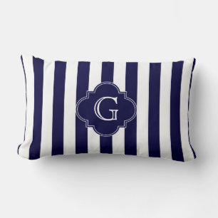 Navy Blue White Stripes, Navy Label Monogram Kussen
