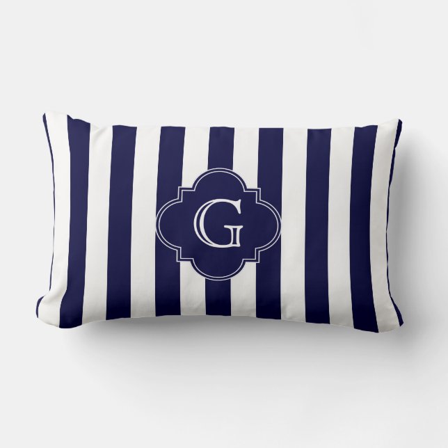 Navy Blue White Stripes, Navy Label Monogram Kussen (Voorkant)