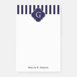 Navy Blue White Stripes, Navy Label Monogram Post-it® Notes
