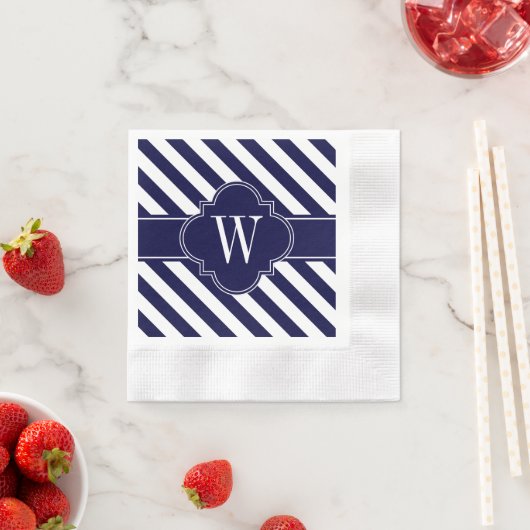 Navy Blue White Stripes, Navy Label Monogram Servetten (Insitu)