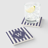 Navy Blue White Stripes, Navy Label Monogram Stenen Onderzetter (Zijkant)